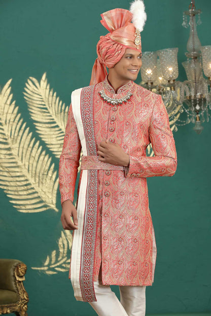 Red Colour Banarasi Jacquard Embroidery Sherwani