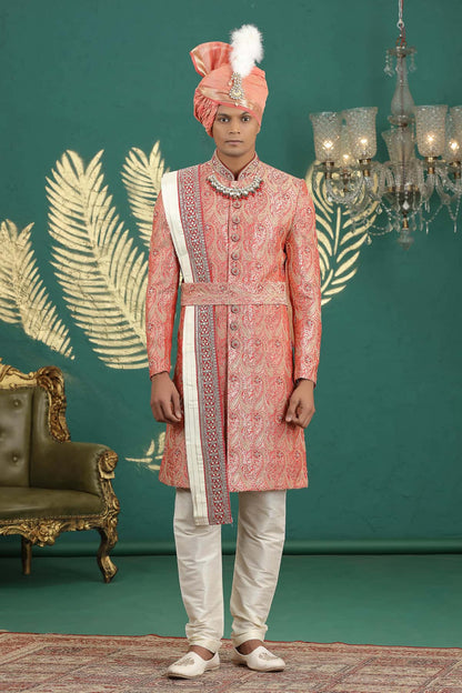 Red Colour Banarasi Jacquard Embroidery Sherwani