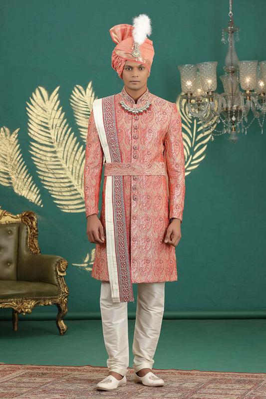 Red Colour Banarasi Jacquard Embroidery Sherwani