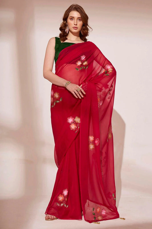 Red Colour Blooming Organza Saree SD1110434
