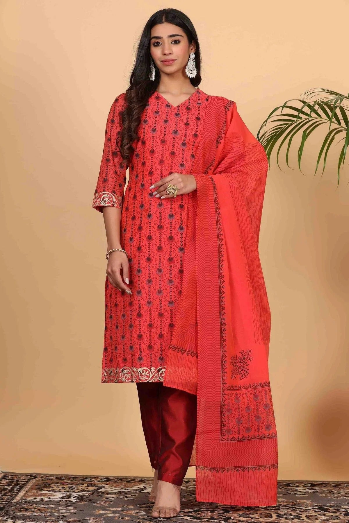 Red Colour Chanderi Stitched Suit SS1112920