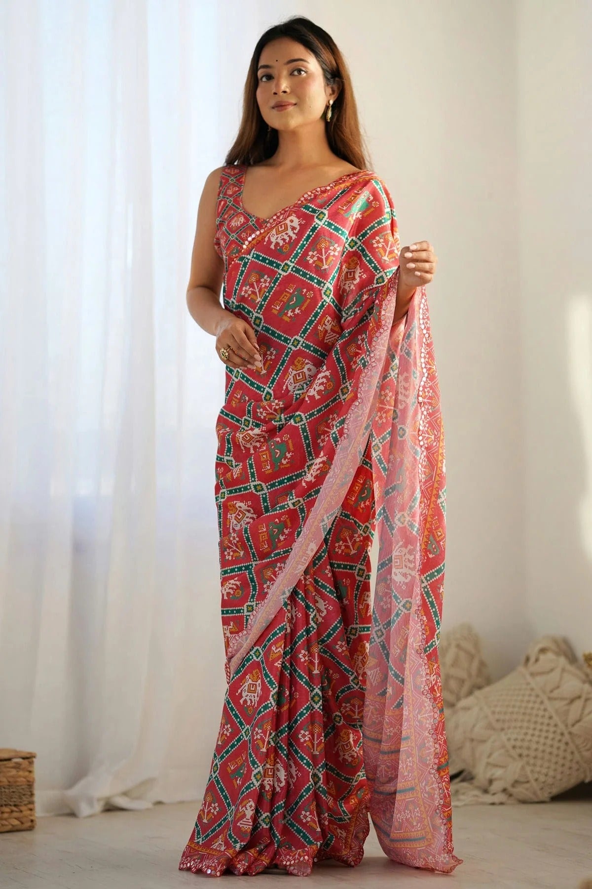 Red Colour Chinon Printed Saree SD1112072