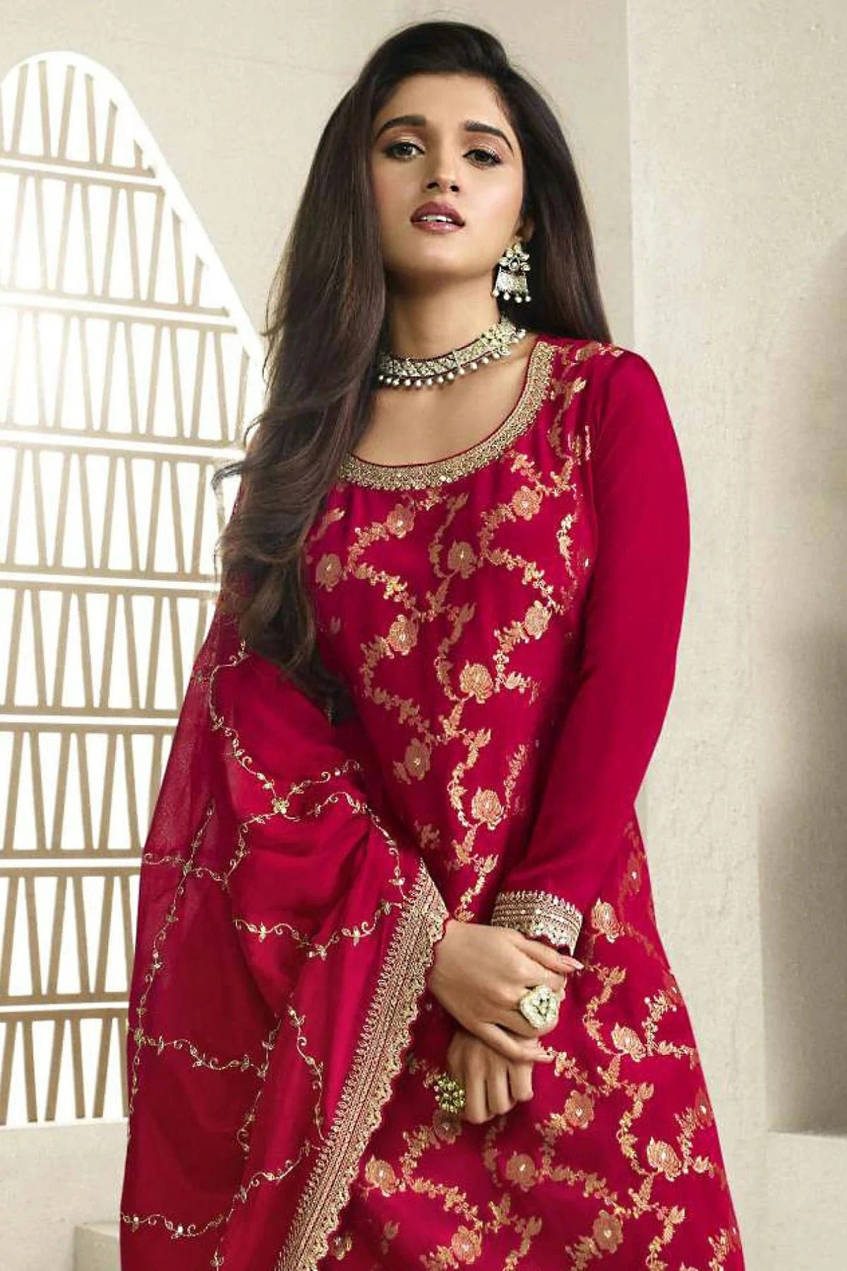 Red Colour Chinon Sharara Suit SM1110703 A