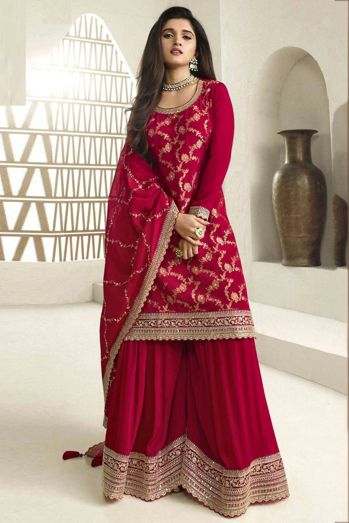 Red Colour Chinon Sharara Suit SM1110703