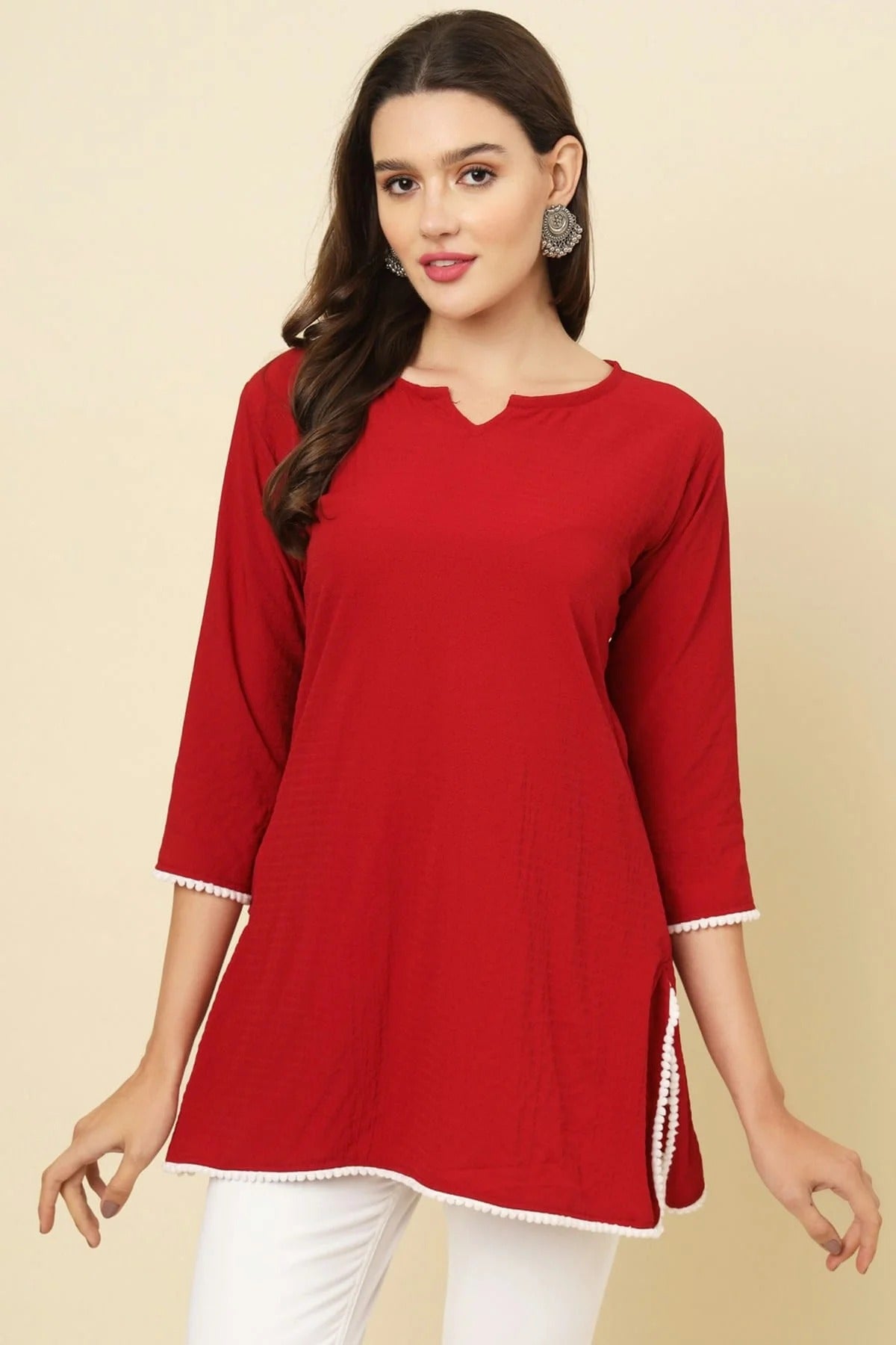 Red Colour Cotton Crush Solid Work Readymade Top TP1110732