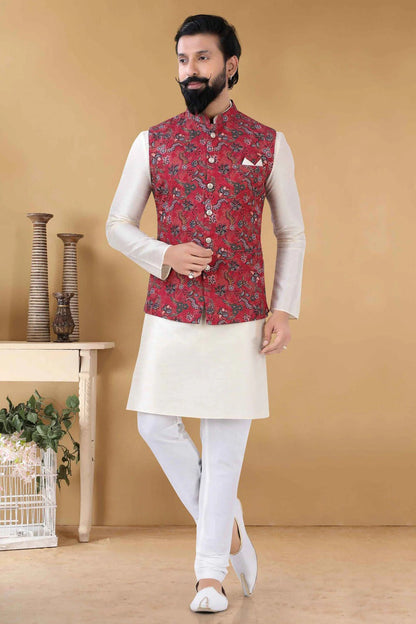 Red Colour Cotton Kurta Pajama With Jacket KP1130090