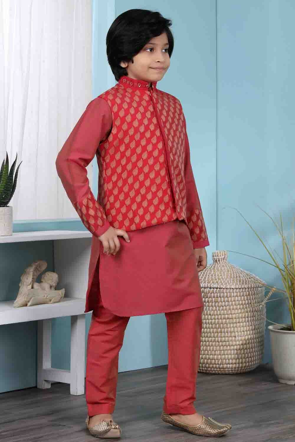Red Colour Cotton Silk Kurta Pajama With Jacket BW1070095 B