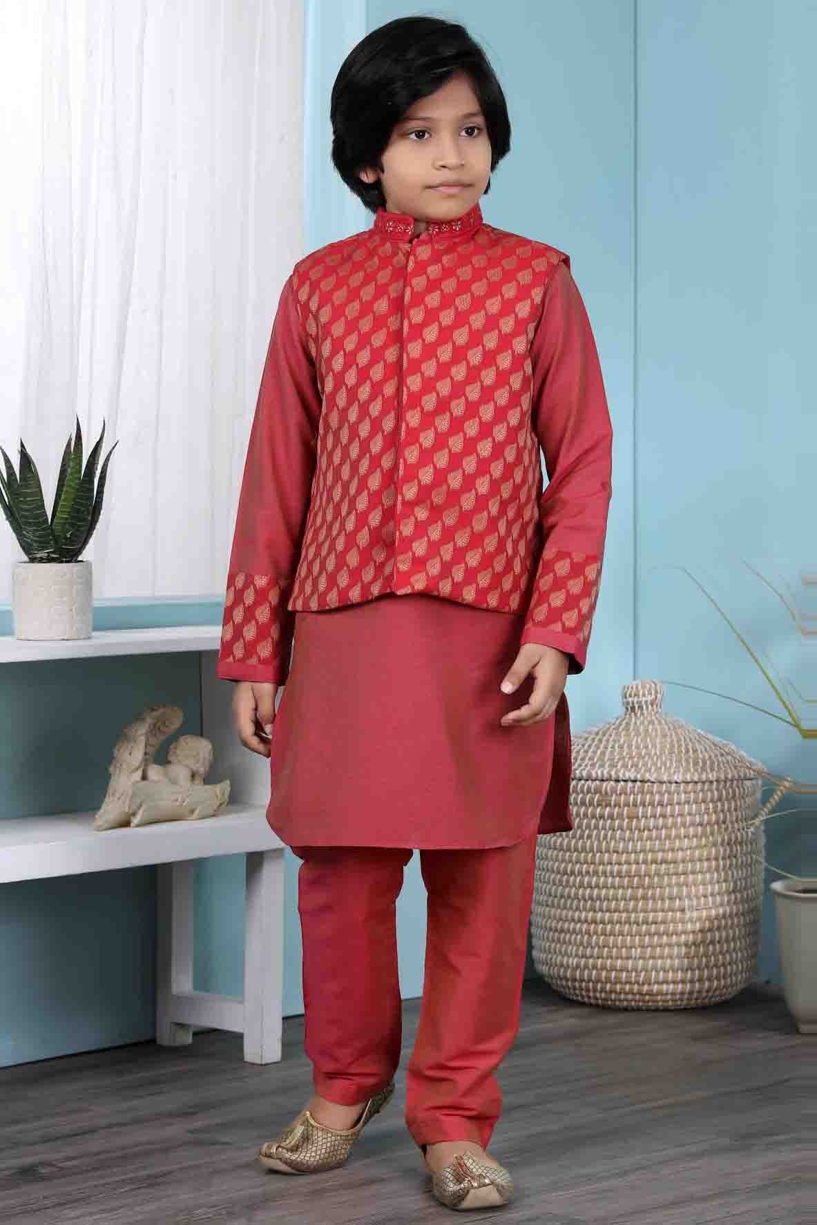 Red Colour Cotton Silk Kurta Pajama With Jacket BW1070095