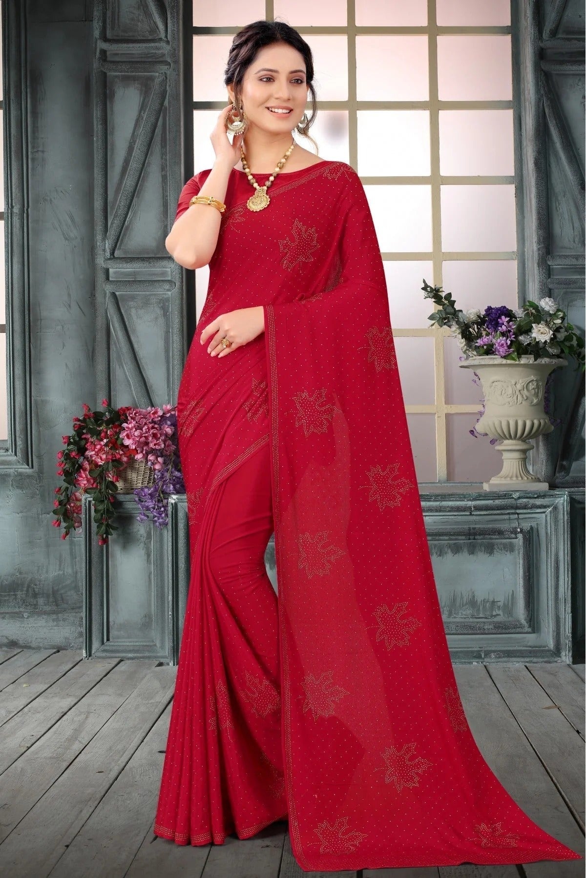 Red Colour Crepe Swarovski Work Saree SD1120801