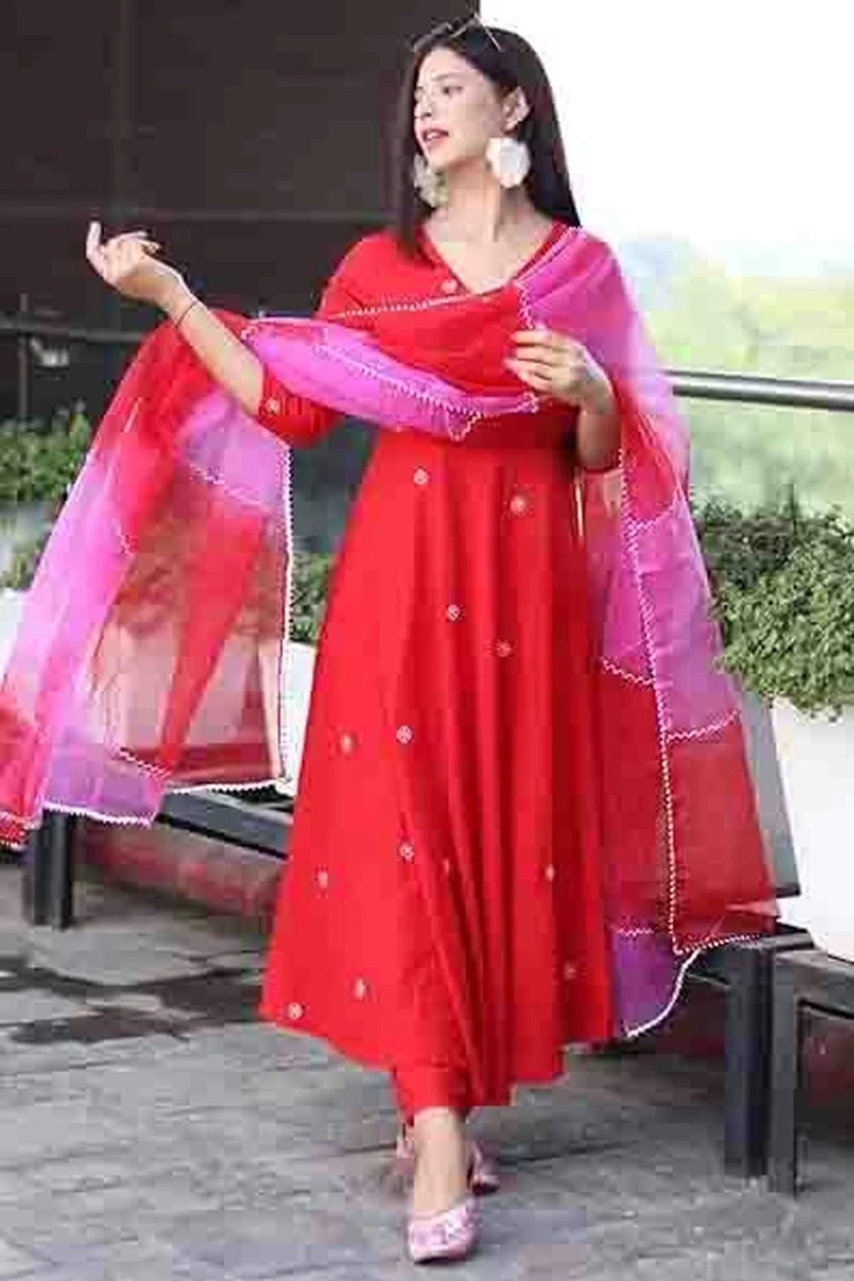 Red Colour Embroidery Viscose Anarkali Suit SS1113496