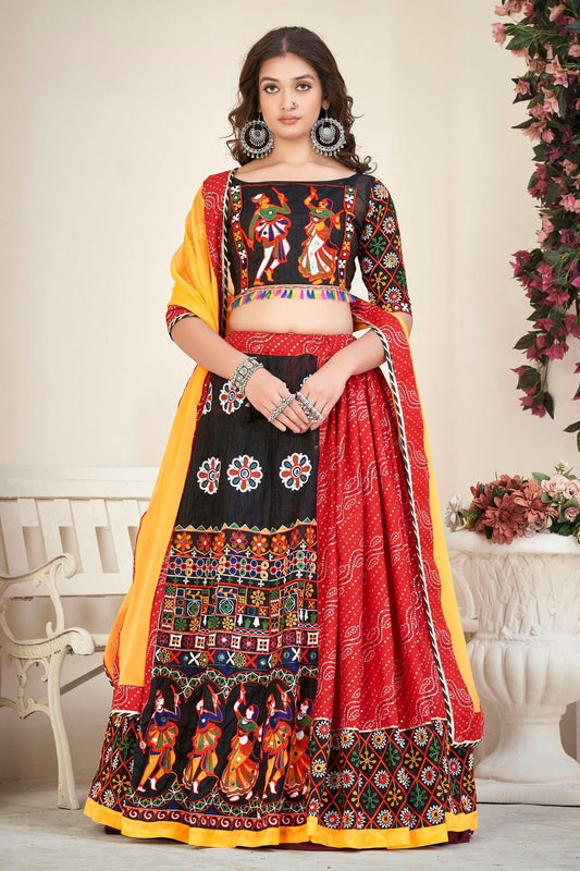 Red Colour Embroidery Work Cotton Silk Navratri Lehenga LD1170010