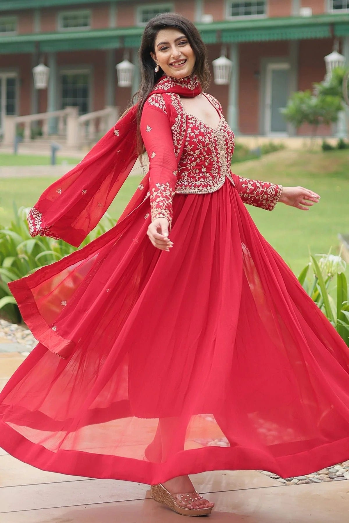 Red Colour Faux Georgette Stitched Gown GW1112332 A