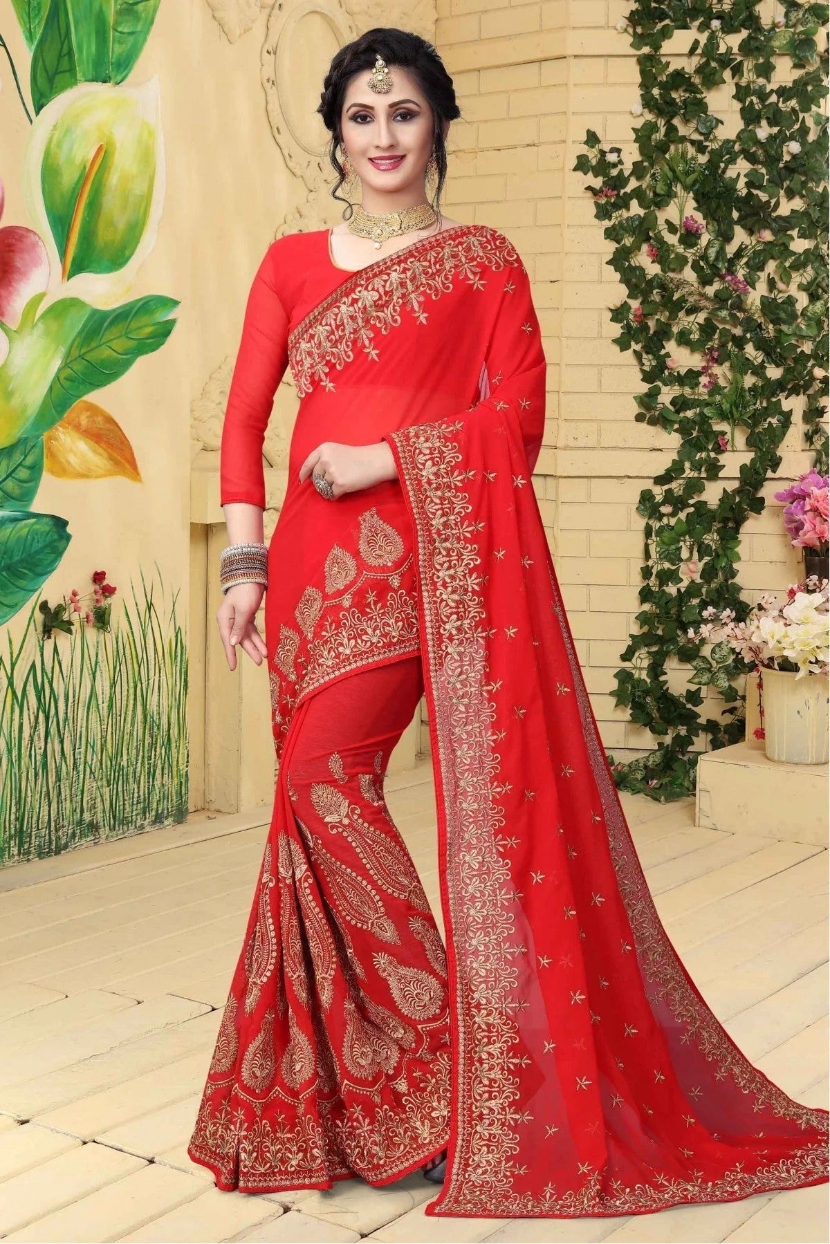 Red Colour Georgette Embroidered Saree SD1120428