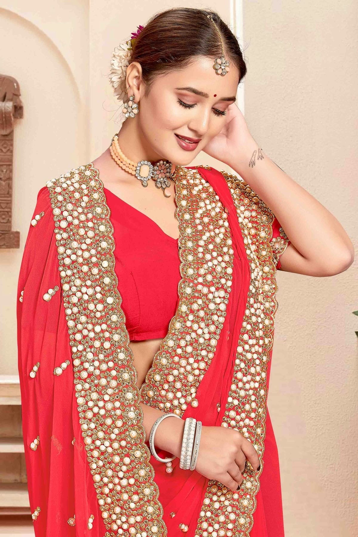 Red Colour Georgette Embroidery Work Designer Saree SD1091244 A