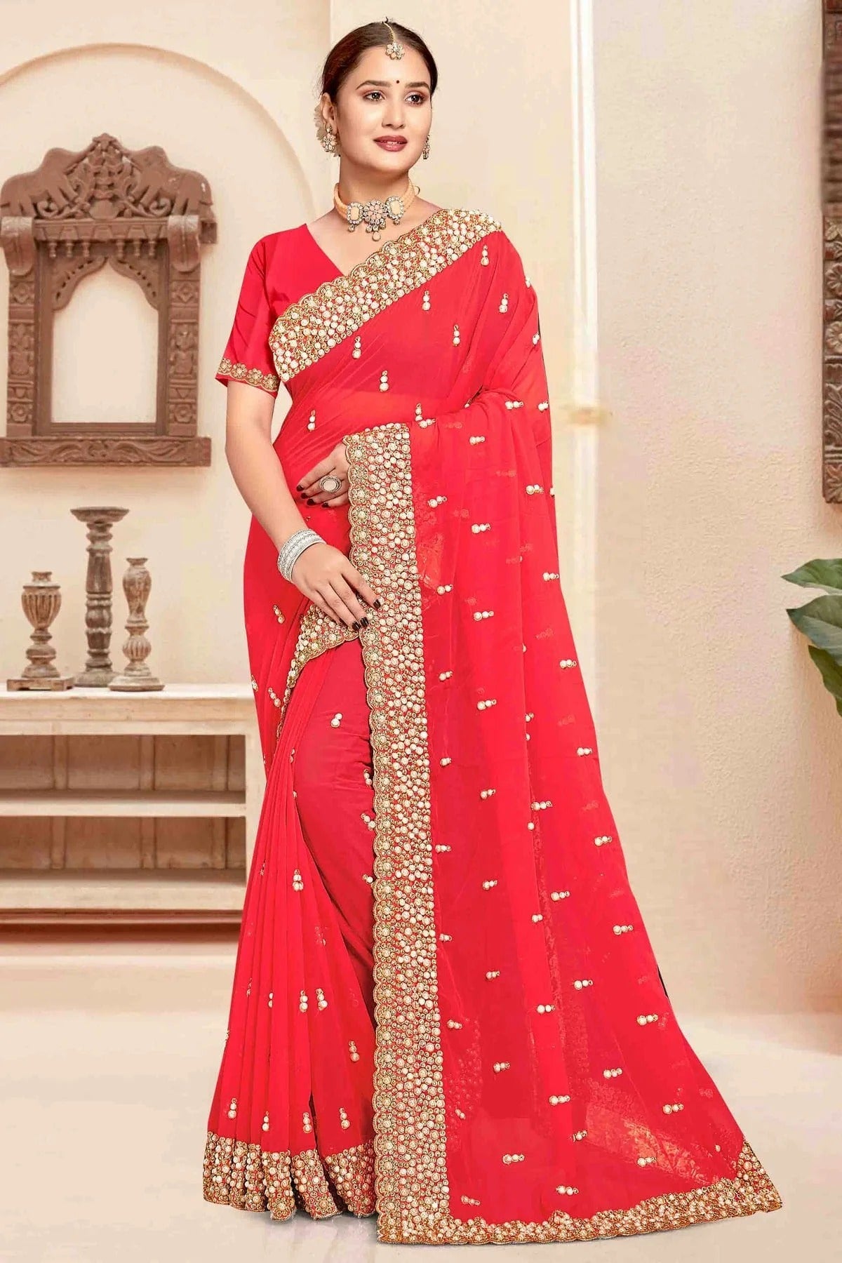 Red Colour Georgette Embroidery Work Designer Saree SD1091244