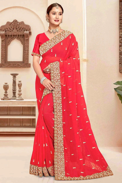 Red Colour Georgette Embroidery Work Designer Saree SD1091244