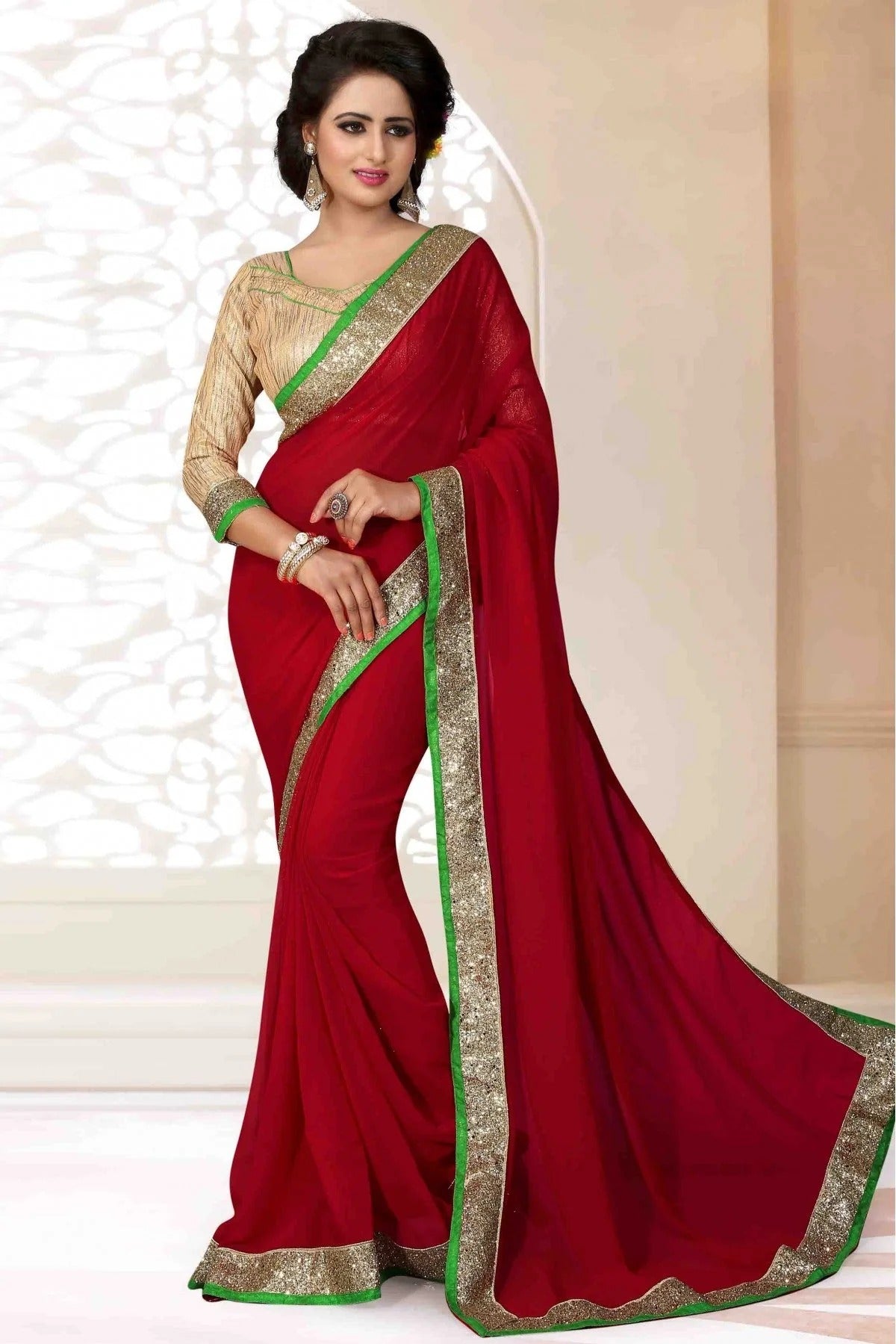 Red Colour Georgette Lace Work Saree SD1120569