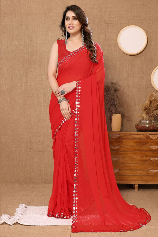 Red Colour Georgette Mirror Work Saree SD1180092