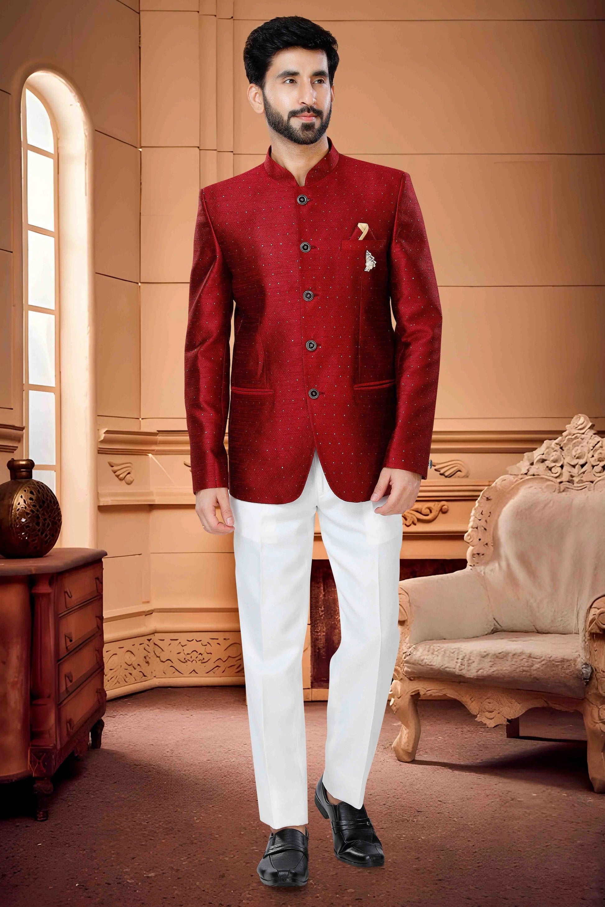 Red Colour Jodhpuri In Jacquard Fabric JP1130157