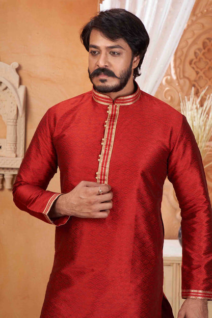 Red Colour Kurta Pajama In Jacquard Silk KP1210051 A