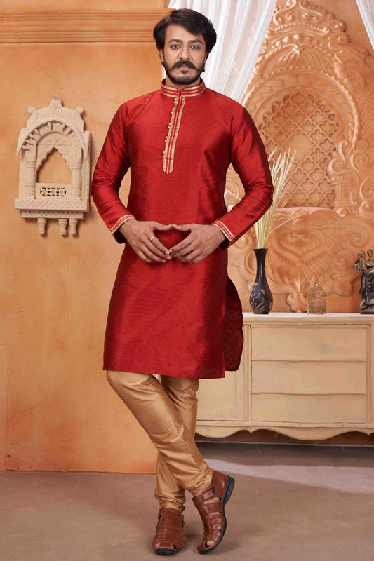 Red Colour Kurta Pajama In Jacquard Silk KP1210051