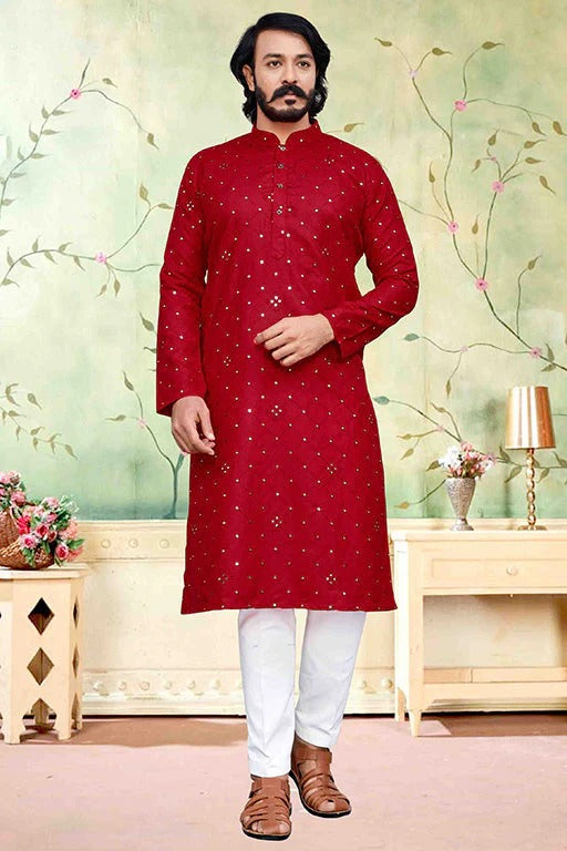 Red Colour Kurta Pajama In Silk KP1210227
