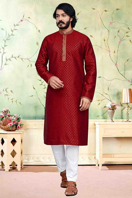 Red Colour Kurta Pajama In Silk KP1210232