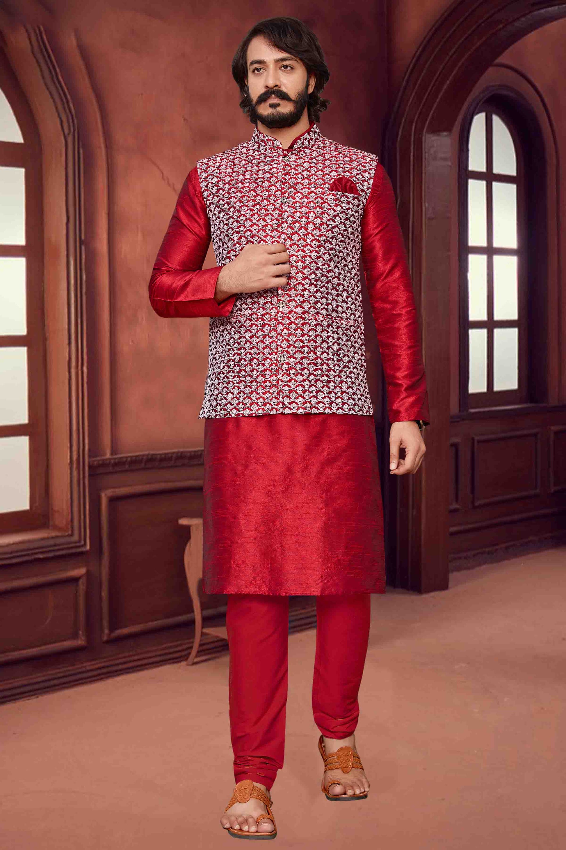 Red Colour Kurta Pajama With Jacket In Art Silk KP1210294
