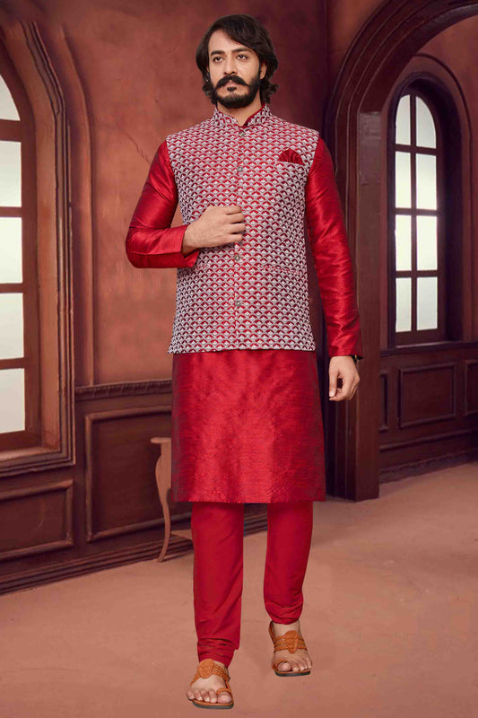 Red Colour Kurta Pajama With Jacket In Art Silk KP1210294