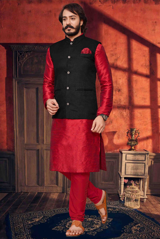 Red Colour Kurta Pajama With Jacket In Art Silk KP1210300