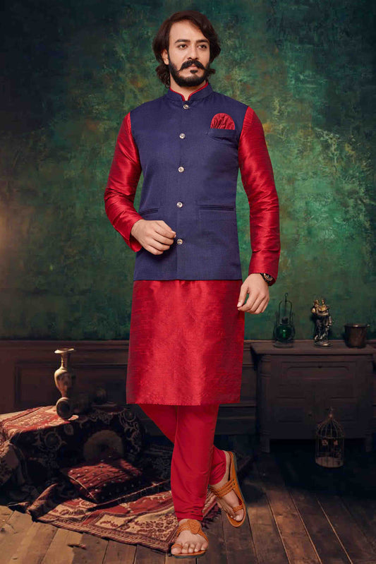 Red Colour Kurta Pajama With Jacket In Art Silk KP1210301