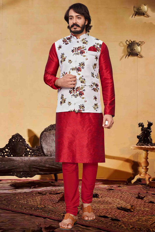 Red Colour Kurta Pajama With Jacket In Art Silk KP1210308