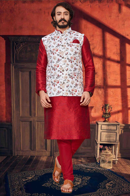 Red Colour Kurta Pajama With Jacket In Art Silk KP1210309