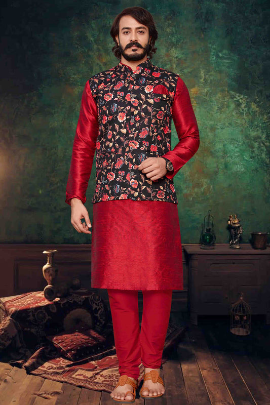 Red Colour Kurta Pajama With Jacket In Art Silk KP1210310