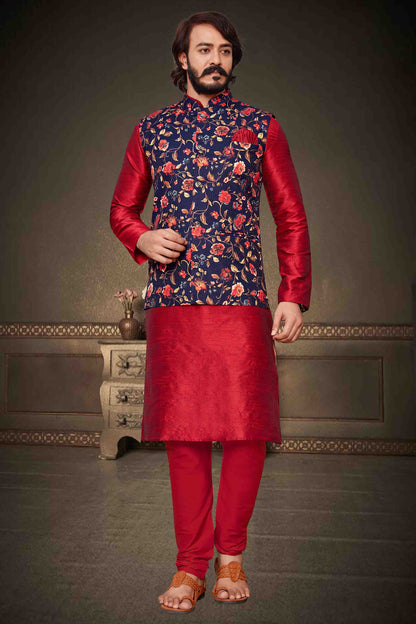Red Colour Kurta Pajama With Jacket In Art Silk KP1210311