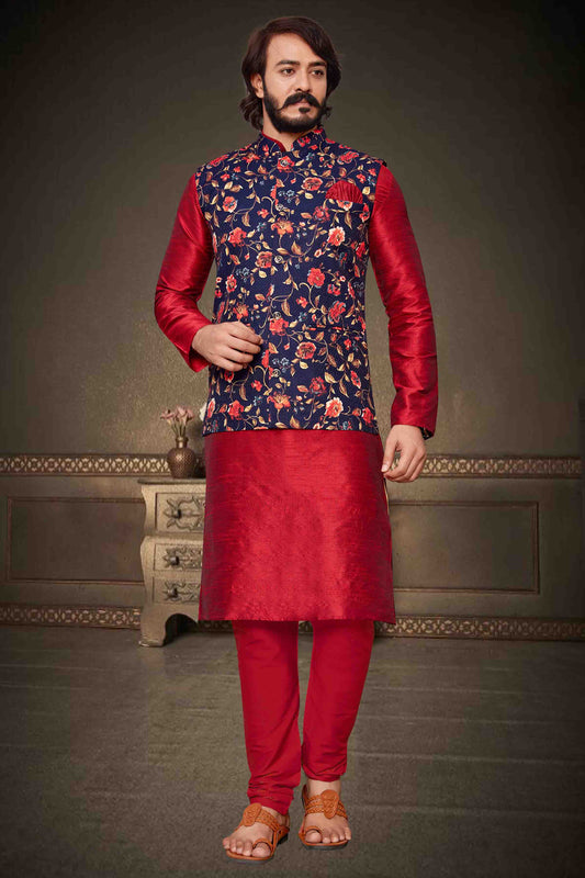 Red Colour Kurta Pajama With Jacket In Art Silk KP1210311