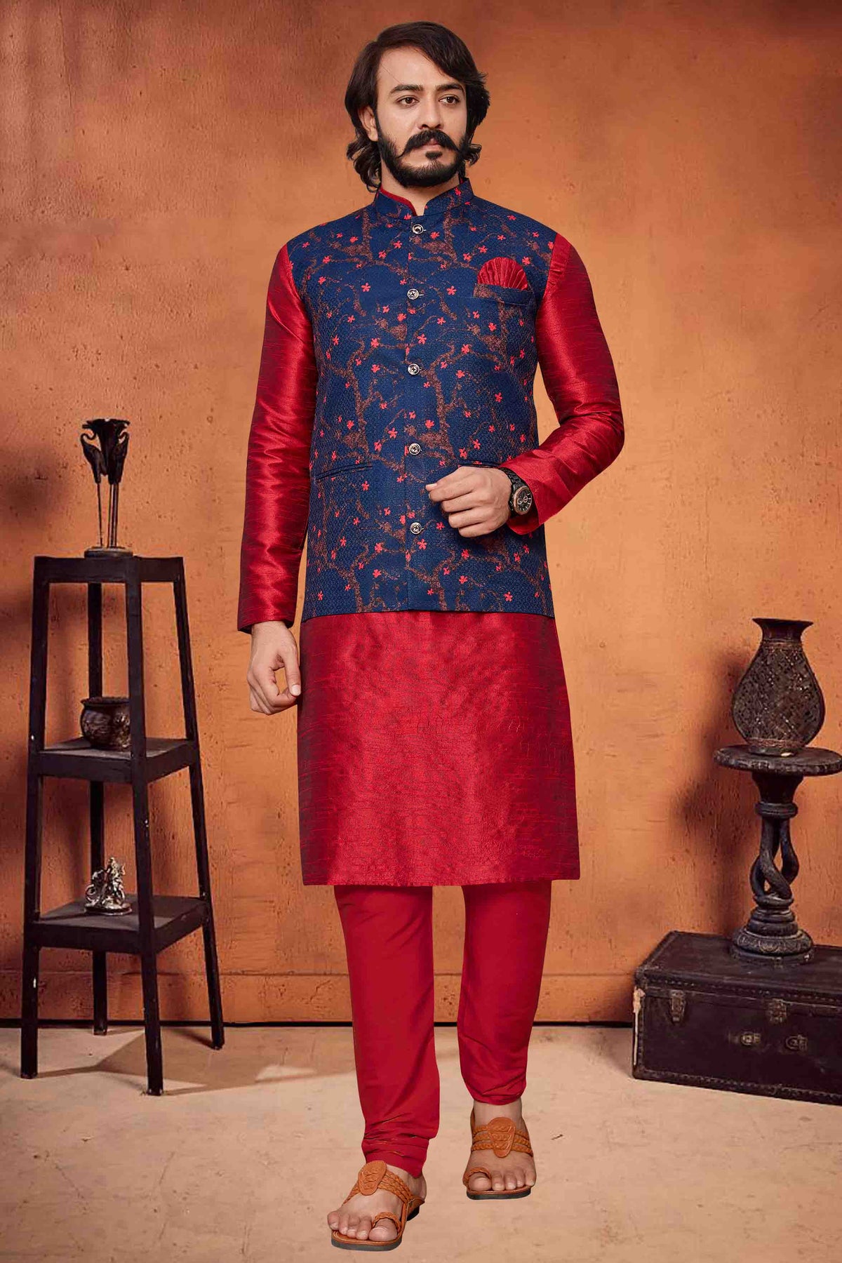 Red Colour Kurta Pajama With Jacket In Art Silk KP1210312