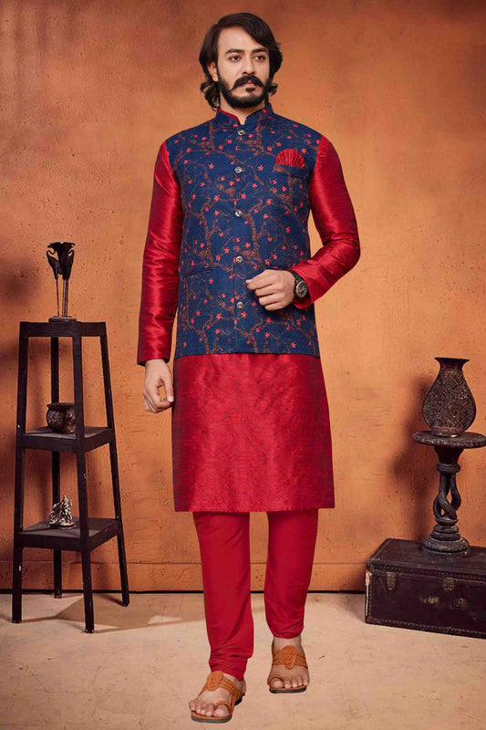 Red Colour Kurta Pajama With Jacket In Art Silk KP1210312