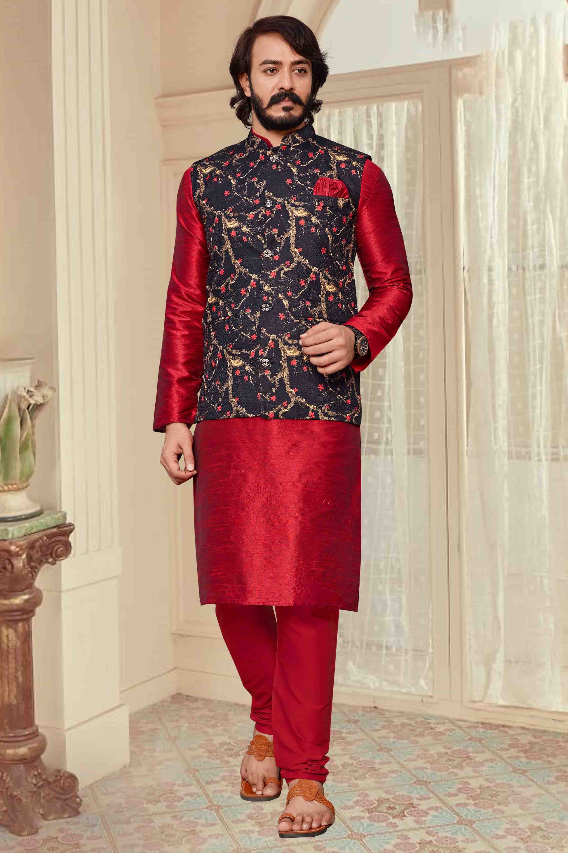 Red Colour Kurta Pajama With Jacket In Art Silk KP1210313