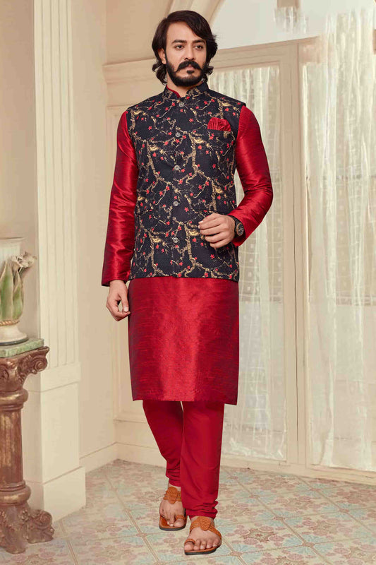 Red Colour Kurta Pajama With Jacket In Art Silk KP1210313