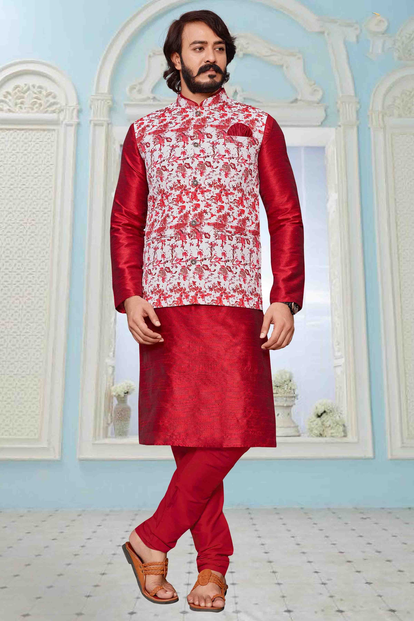 Red Colour Kurta Pajama With Jacket In Art Silk KP1210314