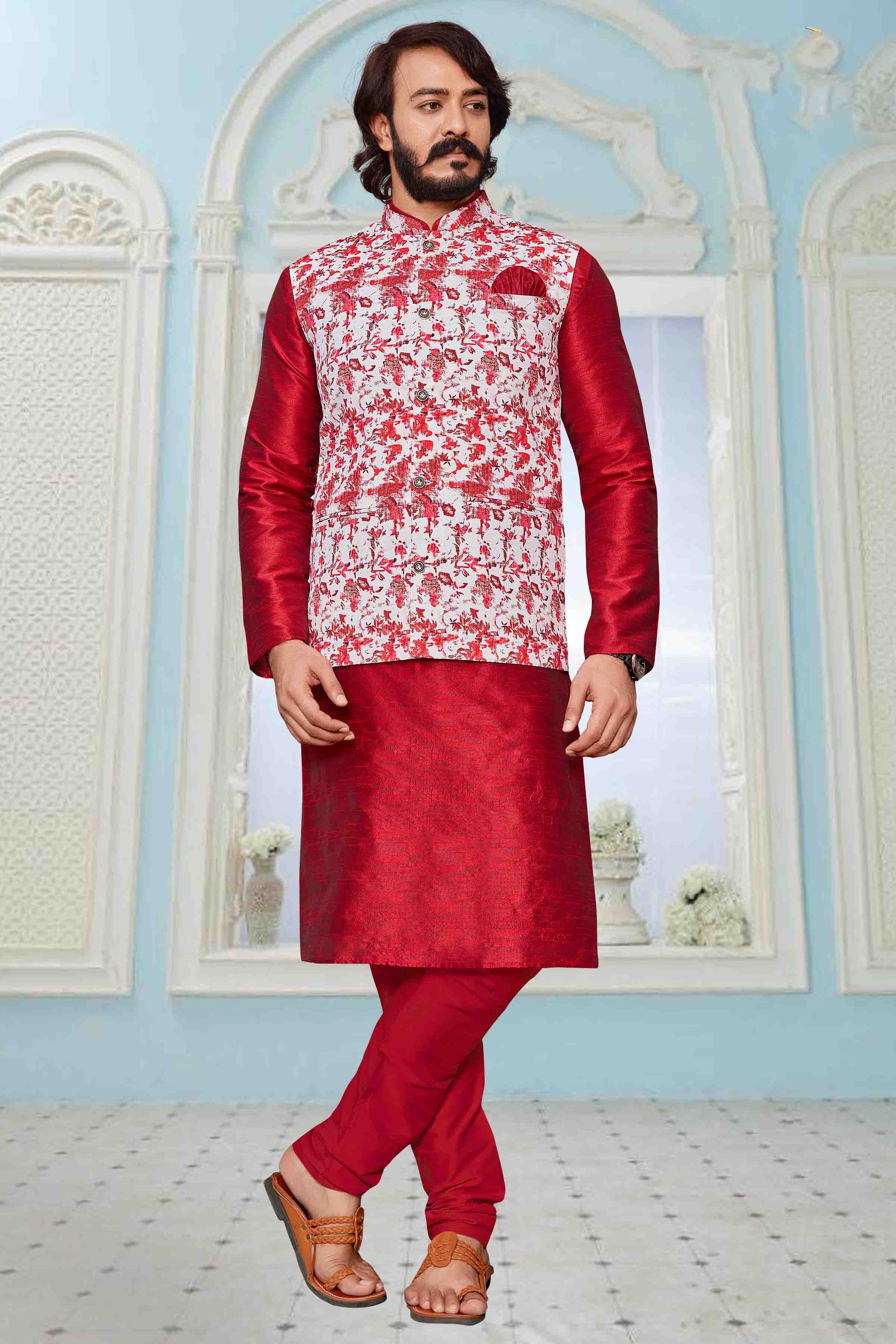 Red Colour Kurta Pajama With Jacket In Art Silk KP1210314
