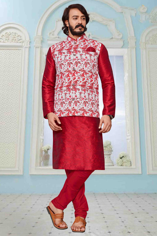 Red Colour Kurta Pajama With Jacket In Art Silk KP1210314