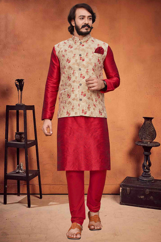 Red Colour Kurta Pajama With Jacket In Art Silk KP1210329