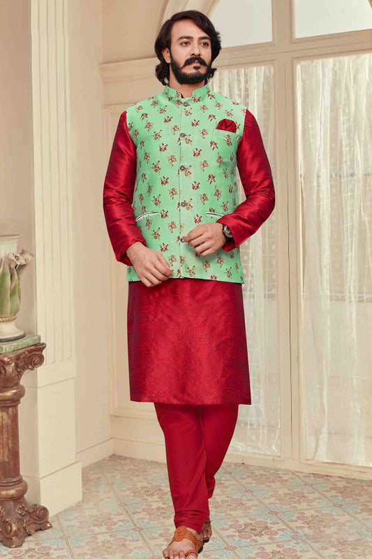 Red Colour Kurta Pajama With Jacket In Art Silk KP1210330