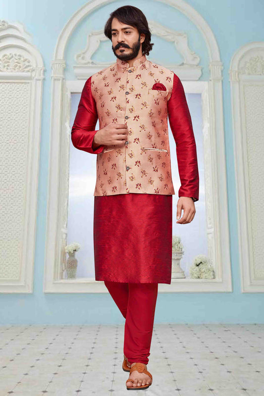 Red Colour Kurta Pajama With Jacket In Art Silk KP1210331