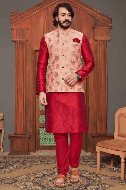 Red Colour Kurta Pajama With Jacket In Art Silk KP1210332