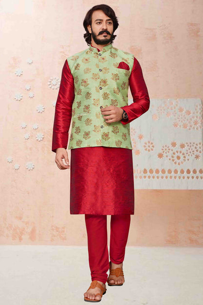 Red Colour Kurta Pajama With Jacket In Art Silk KP1210333
