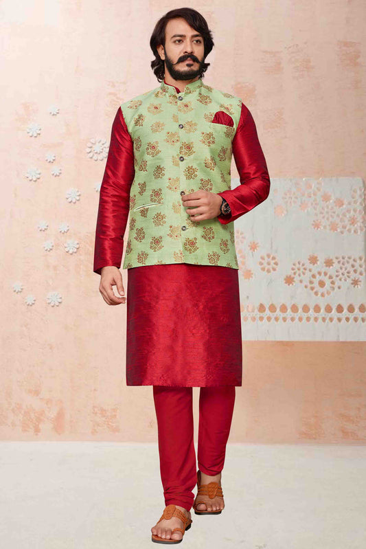 Red Colour Kurta Pajama With Jacket In Art Silk KP1210333