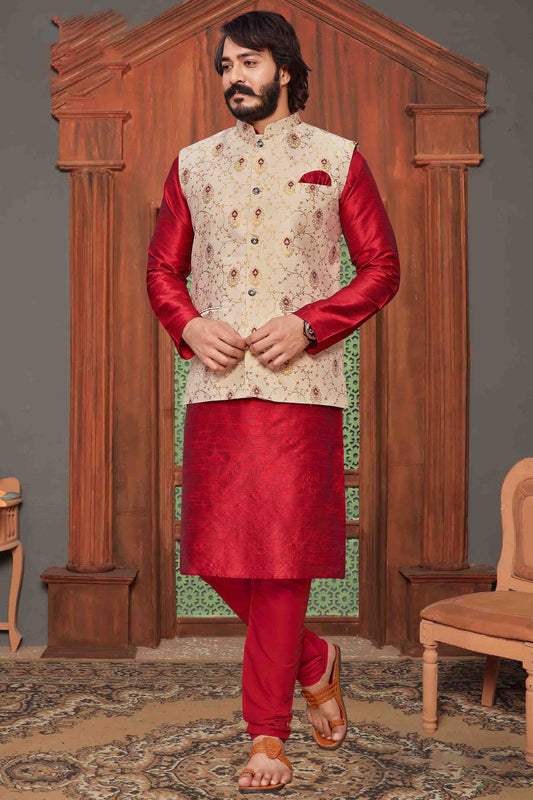 Red Colour Kurta Pajama With Jacket In Fancy Silk KP1210344
